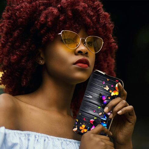RFID-Blocking Zip Around Wallets for Women with Detachable Wrist Strap,Large Capacity Phone Holder with Card Organizer & Coin Pocket,Colorful Butterflies on Wooden in Saudi Arabia