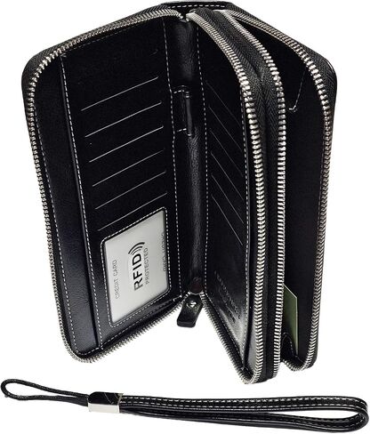 PU Vegan Leather RFID Long Wallet for Women, Zip Around Closure & Wristlet Hand Strap, Large Capacity Card Slots Coin Pocket & Pen Holder (Black) in Saudi Arabia