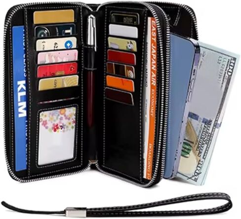 PU Vegan Leather RFID Long Wallet for Women, Zip Around Closure & Wristlet Hand Strap, Large Capacity Card Slots Coin Pocket & Pen Holder (Black) in Kuwait
