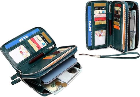 PU Vegan Leather RFID Long Wallet for Women, Zip Around Closure & Wristlet Hand Strap, Large Capacity Card Slots Coin Pocket & Pen Holder (Black) in Kuwait