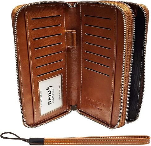 PU Vegan Leather RFID Long Wallet for Women, Zip Around Closure & Wristlet Hand Strap, Large Capacity Card Slots Coin Pocket & Pen Holder (Black) in Kuwait
