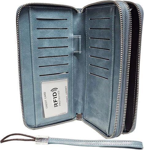 PU Vegan Leather RFID Long Wallet for Women, Zip Around Closure & Wristlet Hand Strap, Large Capacity Card Slots Coin Pocket & Pen Holder (Black) in Kuwait