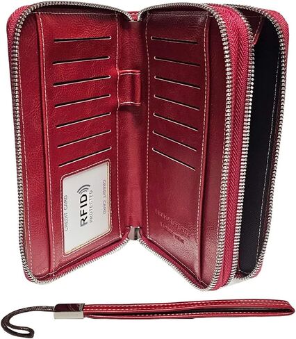 PU Vegan Leather RFID Long Wallet for Women, Zip Around Closure & Wristlet Hand Strap, Large Capacity Card Slots Coin Pocket & Pen Holder (Black) in Kuwait