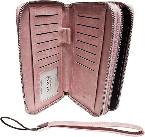 PU Vegan Leather RFID Long Wallet for Women, Zip Around Closure & Wristlet Hand Strap, Large Capacity Card Slots Coin Pocket & Pen Holder (Black) in Kuwait