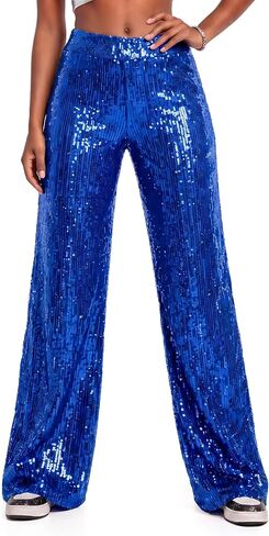 Nawgut Women's Sequin Wide Leg Pants High Waisted Sparkly Palazzo Pants Shiny Disco Rave Party Clubwear Trousers in Saudi Arabia