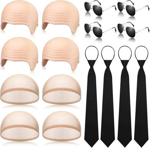 16 Pcs Halloween Bald Caps with Glasses Set Realistic Bald Head Wig Caps for Adults Men Women, Funny Cosplay Costume Accessory for Party, Trick or Treat, Stage Performance in Saudi Arabia