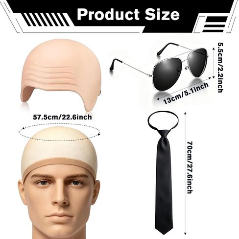 16 Pcs Halloween Bald Caps with Glasses Set Realistic Bald Head Wig Caps for Adults Men Women, Funny Cosplay Costume Accessory for Party, Trick or Treat, Stage Performance in Saudi Arabia