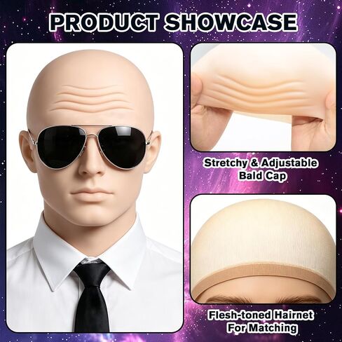 16 Pcs Halloween Bald Caps with Glasses Set Realistic Bald Head Wig Caps for Adults Men Women, Funny Cosplay Costume Accessory for Party, Trick or Treat, Stage Performance in Saudi Arabia