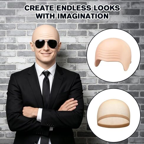16 Pcs Halloween Bald Caps with Glasses Set Realistic Bald Head Wig Caps for Adults Men Women, Funny Cosplay Costume Accessory for Party, Trick or Treat, Stage Performance in Saudi Arabia