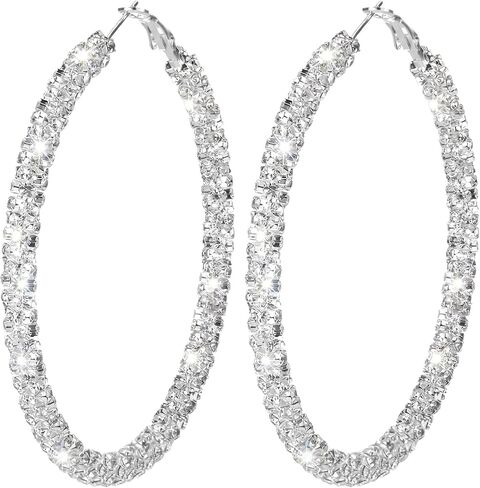 Rhinestone Hoop Earrings Large Silver Sparkly Earring for Women 73mm/2.87in Big Hoop Earrings Bling Statement Earring Non Tarnish Silver Hoops for Prom Wedding Party Jewelry in Saudi Arabia