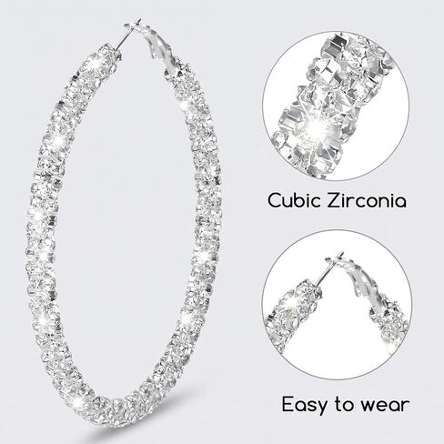 Rhinestone Hoop Earrings Large Silver Sparkly Earring for Women 73mm/2.87in Big Hoop Earrings Bling Statement Earring Non Tarnish Silver Hoops for Prom Wedding Party Jewelry in Saudi Arabia