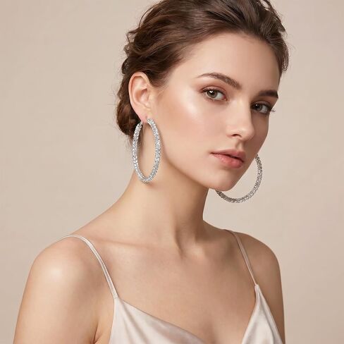Rhinestone Hoop Earrings Large Silver Sparkly Earring for Women 73mm/2.87in Big Hoop Earrings Bling Statement Earring Non Tarnish Silver Hoops for Prom Wedding Party Jewelry in Saudi Arabia