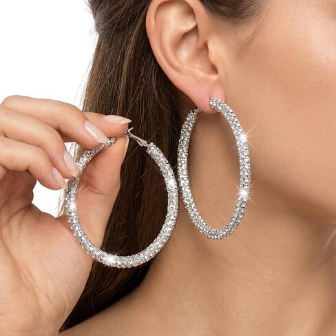 Rhinestone Hoop Earrings Large Silver Sparkly Earring for Women 73mm/2.87in Big Hoop Earrings Bling Statement Earring Non Tarnish Silver Hoops for Prom Wedding Party Jewelry in Saudi Arabia