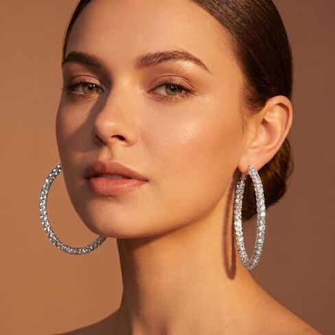 Rhinestone Hoop Earrings Large Silver Sparkly Earring for Women 73mm/2.87in Big Hoop Earrings Bling Statement Earring Non Tarnish Silver Hoops for Prom Wedding Party Jewelry in Saudi Arabia