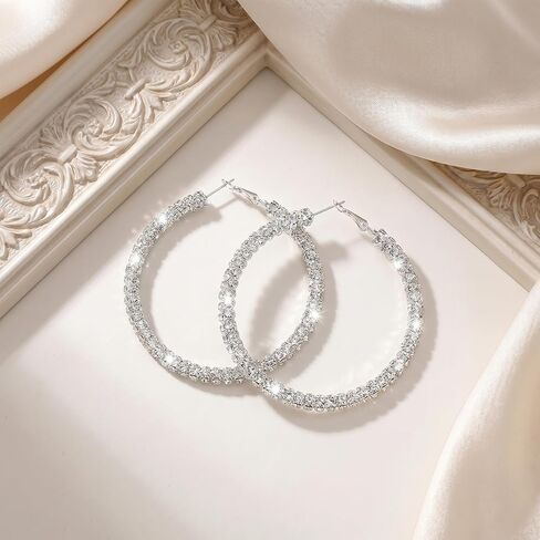 Rhinestone Hoop Earrings Large Silver Sparkly Earring for Women 73mm/2.87in Big Hoop Earrings Bling Statement Earring Non Tarnish Silver Hoops for Prom Wedding Party Jewelry in Saudi Arabia