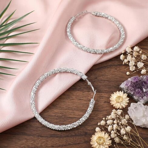 Rhinestone Hoop Earrings Large Silver Sparkly Earring for Women 73mm/2.87in Big Hoop Earrings Bling Statement Earring Non Tarnish Silver Hoops for Prom Wedding Party Jewelry in Saudi Arabia