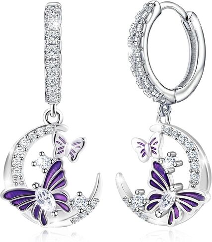 CZ Moon and Butterfly Earrings for Women S925 Sterling Silver Enamel Purple Butterfly Animal Dangle Hoop Earrings Moon Jewelry Birthday Anniversary Valentines Gifts for Wife Girlfriend Mom in Saudi Arabia