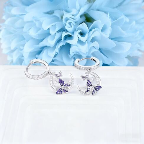 CZ Moon and Butterfly Earrings for Women S925 Sterling Silver Enamel Purple Butterfly Animal Dangle Hoop Earrings Moon Jewelry Birthday Anniversary Valentines Gifts for Wife Girlfriend Mom in Saudi Arabia