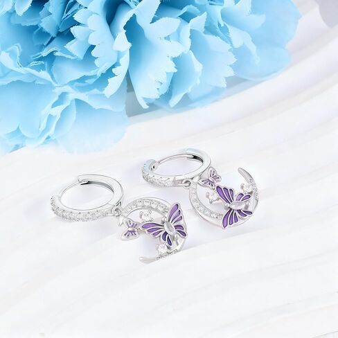 CZ Moon and Butterfly Earrings for Women S925 Sterling Silver Enamel Purple Butterfly Animal Dangle Hoop Earrings Moon Jewelry Birthday Anniversary Valentines Gifts for Wife Girlfriend Mom in Saudi Arabia