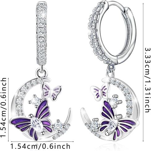 CZ Moon and Butterfly Earrings for Women S925 Sterling Silver Enamel Purple Butterfly Animal Dangle Hoop Earrings Moon Jewelry Birthday Anniversary Valentines Gifts for Wife Girlfriend Mom in Saudi Arabia