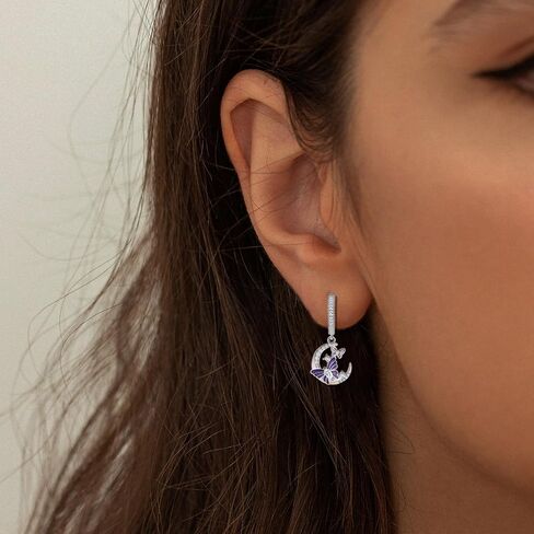 CZ Moon and Butterfly Earrings for Women S925 Sterling Silver Enamel Purple Butterfly Animal Dangle Hoop Earrings Moon Jewelry Birthday Anniversary Valentines Gifts for Wife Girlfriend Mom in Saudi Arabia