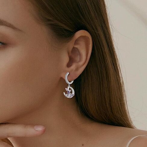 CZ Moon and Butterfly Earrings for Women S925 Sterling Silver Enamel Purple Butterfly Animal Dangle Hoop Earrings Moon Jewelry Birthday Anniversary Valentines Gifts for Wife Girlfriend Mom in Saudi Arabia
