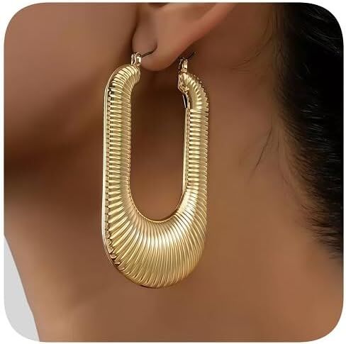 Gold Plated Circle and U Shape Hoop Earrings, Large Statement Ribbed Design, Chunky Textured Drop Hoops Hypoallergenic Fashion Jewelry for Women in Saudi Arabia