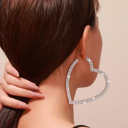 Big Heart Rhinestone Hoop Earrings Sparkly Statement Earrings for Women Crystal Drop Dangle Earrings Bar Disco Prom Earrings Valentine Bridal Jewelry in Saudi Arabia