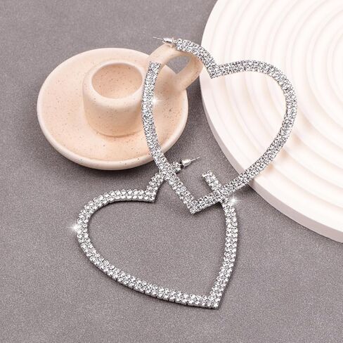Big Heart Rhinestone Hoop Earrings Sparkly Statement Earrings for Women Crystal Drop Dangle Earrings Bar Disco Prom Earrings Valentine Bridal Jewelry in Saudi Arabia