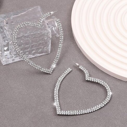 Big Heart Rhinestone Hoop Earrings Sparkly Statement Earrings for Women Crystal Drop Dangle Earrings Bar Disco Prom Earrings Valentine Bridal Jewelry in Saudi Arabia