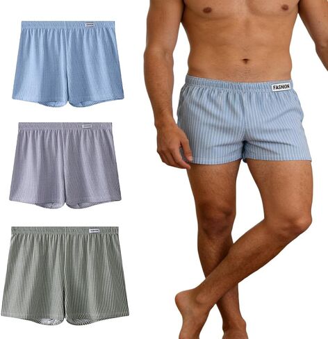 Men's Cotton Boxer Shorts 3-Pack Loose Fit Breathable Striped Underwear Soft Comfortable Sleepwear Trunks Multi-Color in Kuwait
