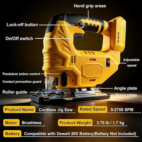 Cordless Jig Saw Compatible with Dewalt 20V Battery, Brushless Jig Saw with 6pcs Blades, 4 Orbital Sets for Wood, Plastic and Metal Cutting (Tool Only, No Battery) in Kuwait