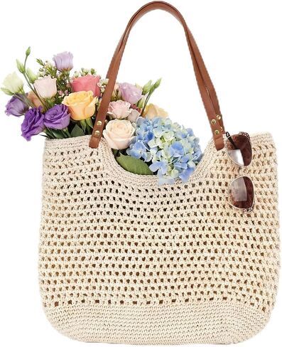 Crochet Beach Bag, Boho Summer Mesh Beach Tote Bag for Women Beige Cotton Woven Shoulder Handbag for Travel, Vacation, Party (13.8 x 3.9 x 13.8 Inch) in Saudi Arabia