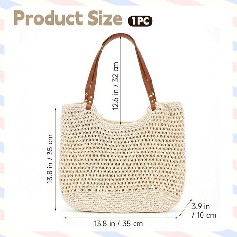 Crochet Beach Bag, Boho Summer Mesh Beach Tote Bag for Women Beige Cotton Woven Shoulder Handbag for Travel, Vacation, Party (13.8 x 3.9 x 13.8 Inch) in Saudi Arabia