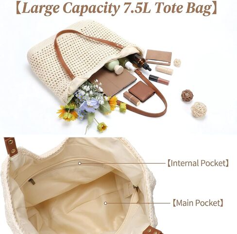 Crochet Beach Bag, Boho Summer Mesh Beach Tote Bag for Women Beige Cotton Woven Shoulder Handbag for Travel, Vacation, Party (13.8 x 3.9 x 13.8 Inch) in Saudi Arabia
