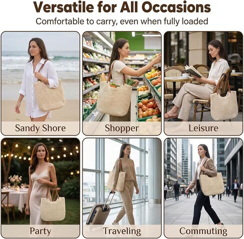 Crochet Beach Bag, Boho Summer Mesh Beach Tote Bag for Women Beige Cotton Woven Shoulder Handbag for Travel, Vacation, Party (13.8 x 3.9 x 13.8 Inch) in Saudi Arabia
