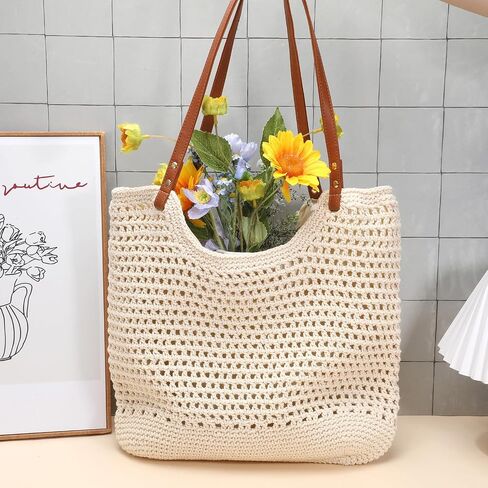 Crochet Beach Bag, Boho Summer Mesh Beach Tote Bag for Women Beige Cotton Woven Shoulder Handbag for Travel, Vacation, Party (13.8 x 3.9 x 13.8 Inch) in Saudi Arabia