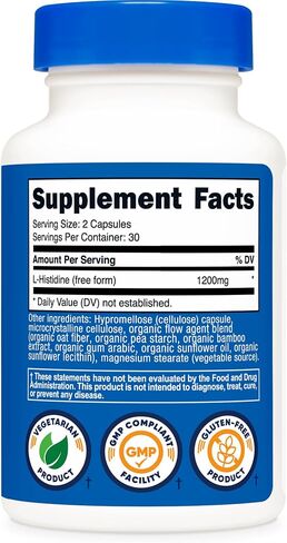 Nutricost l-Histidine Supplement (1,200mg) 60 Capsules - Gluten-Free, GMO-Free, 30 Servings in Kuwait