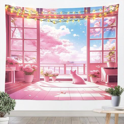 Erosebridal الكرتون القط الصغير نسيج Xlarge 70X92 لطيف أنيمي الحيوان المفروشات الوردي حالمة زهر الكرز نسيج الجدار شنقا النمط الياباني Kawaii هريرة جدار الفن ديكور لغرفة النوم in Kuwait