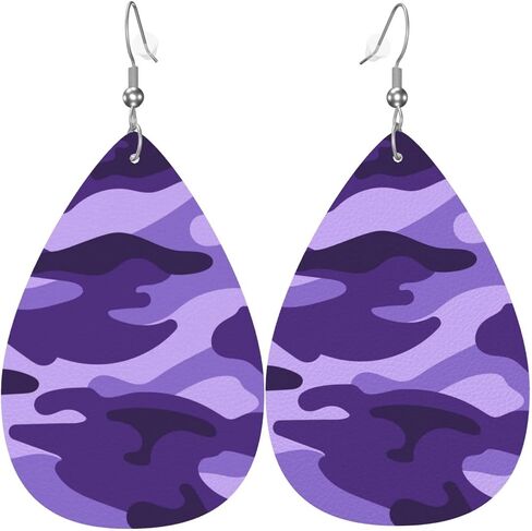 Purple Camouflage Print Faux Leather Teardrop Earrings for Women Drop Dangle Earrings Gift in Saudi Arabia