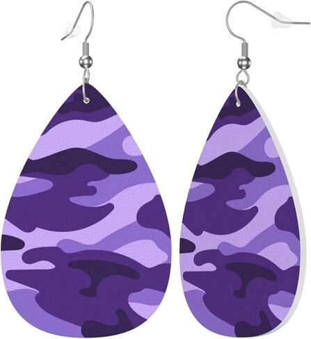 Purple Camouflage Print Faux Leather Teardrop Earrings for Women Drop Dangle Earrings Gift in Saudi Arabia