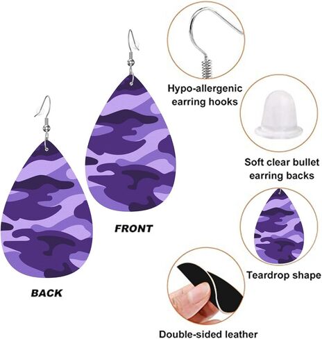 Purple Camouflage Print Faux Leather Teardrop Earrings for Women Drop Dangle Earrings Gift in Saudi Arabia