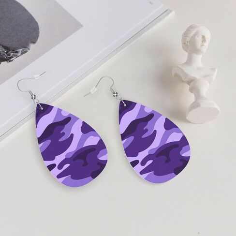Purple Camouflage Print Faux Leather Teardrop Earrings for Women Drop Dangle Earrings Gift in Saudi Arabia