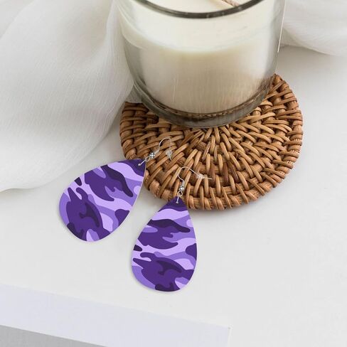 Purple Camouflage Print Faux Leather Teardrop Earrings for Women Drop Dangle Earrings Gift in Saudi Arabia