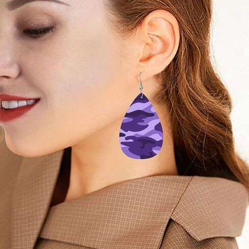 Purple Camouflage Print Faux Leather Teardrop Earrings for Women Drop Dangle Earrings Gift in Saudi Arabia