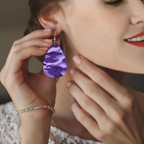 Purple Camouflage Print Faux Leather Teardrop Earrings for Women Drop Dangle Earrings Gift in Saudi Arabia