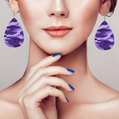 Purple Camouflage Print Faux Leather Teardrop Earrings for Women Drop Dangle Earrings Gift in Saudi Arabia