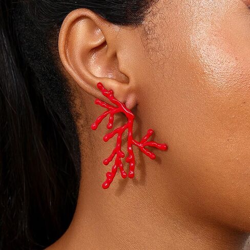 Red Coral Branch Statement Earrings, Fashion Drop Dangle Earrings for Women, Beach Theme Fashion Accessories in Kuwait