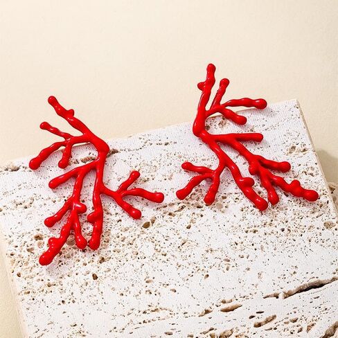 Red Coral Branch Statement Earrings, Fashion Drop Dangle Earrings for Women, Beach Theme Fashion Accessories in Kuwait