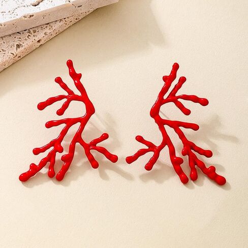 Red Coral Branch Statement Earrings, Fashion Drop Dangle Earrings for Women, Beach Theme Fashion Accessories in Kuwait